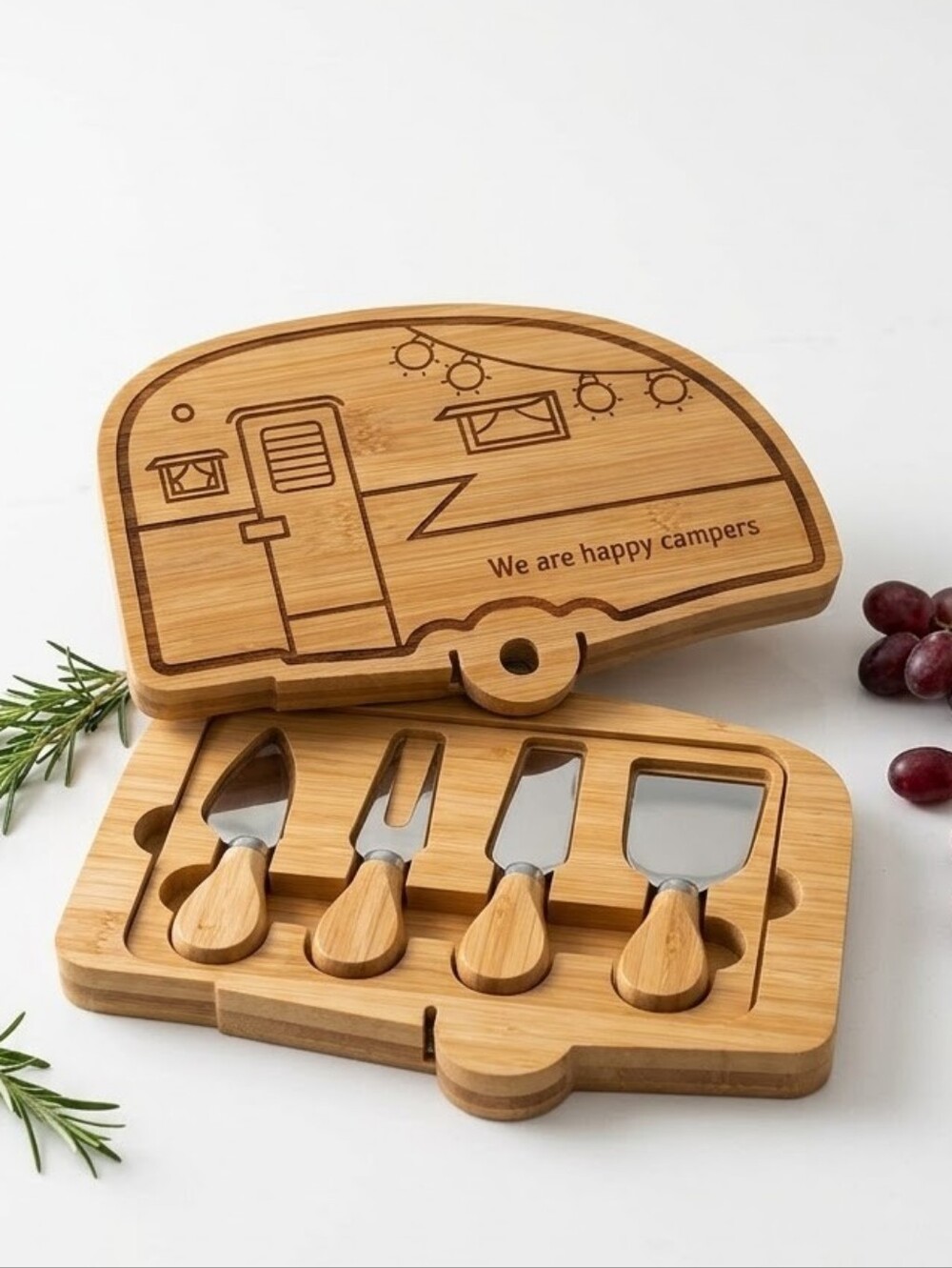 Bamboo Camper Charcuterie Board Set Cheese Knifes RV Glamping Hostess Gift NEW